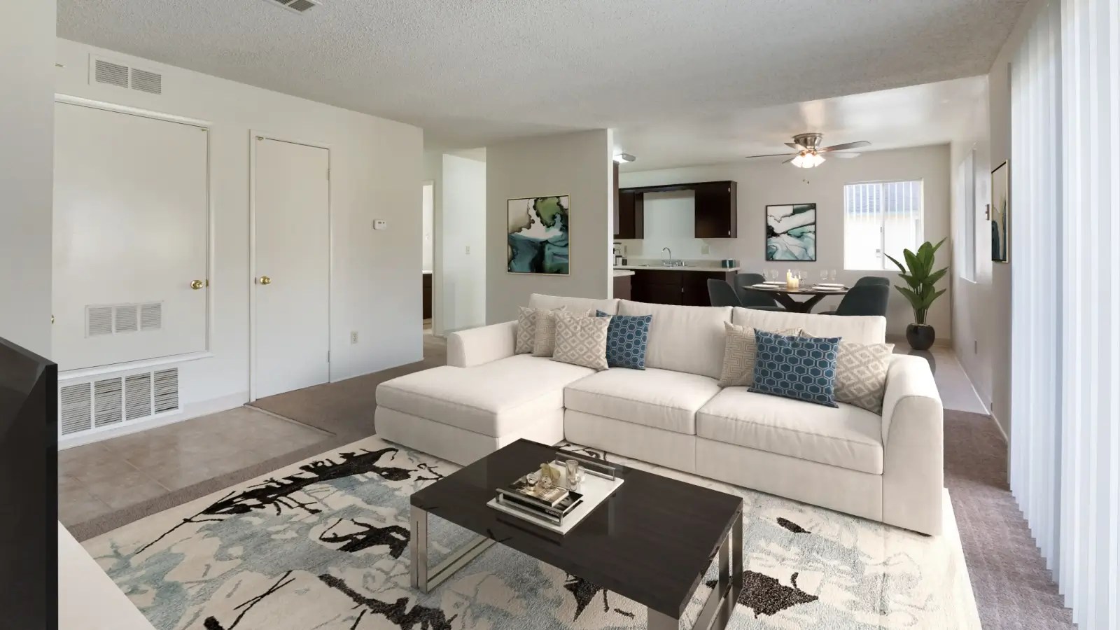 Living room before and after virtual staging, Modern style